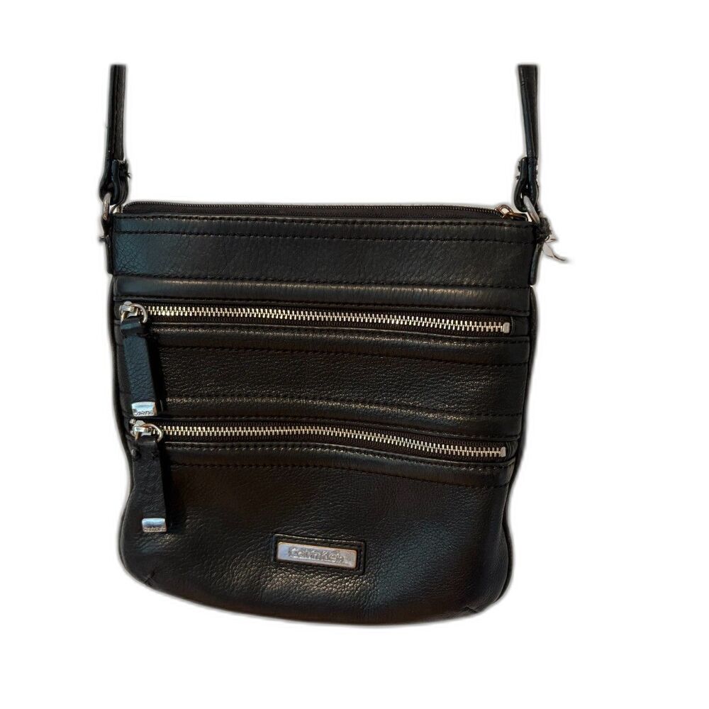 Y2K Calvin Klein Black Leather Crossbody Bag Multi Zip Purse Utility Minimalist